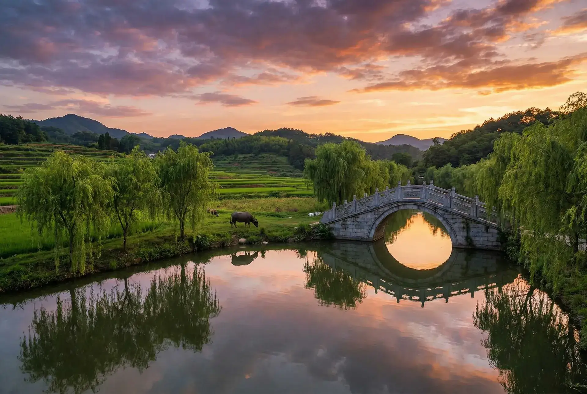 夕阳下的石拱桥与垂柳，水牛在河边吃草 - 冬暖花会开 乡村美景